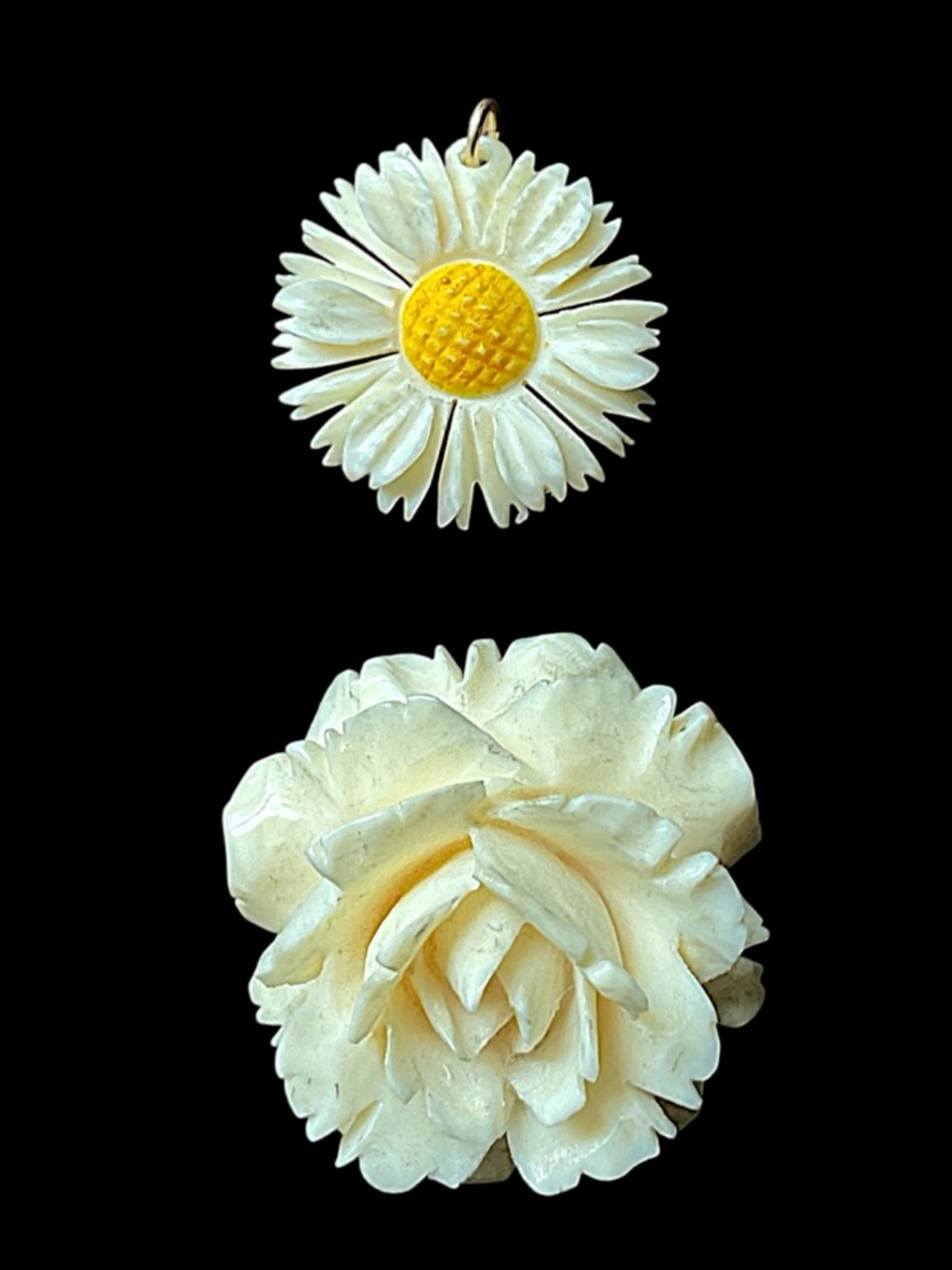 Vintage Hand Carved Bovine Bone Flower Pendant Lot Bundle